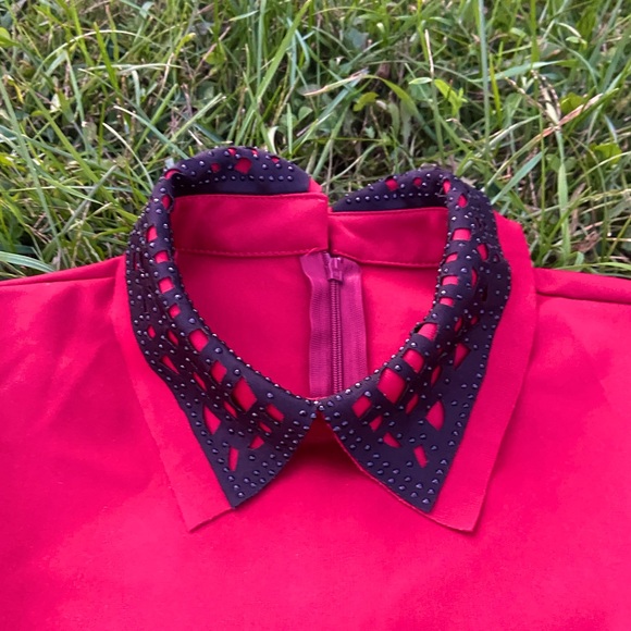 Deep Red Dress with Black Beaded Collar - Picture 5 of 5